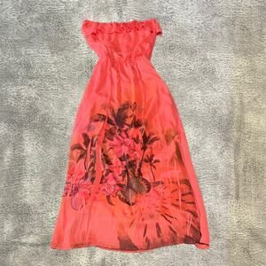 Coral Y2k Graphic Floral Ruched Maxi Strapless Dress